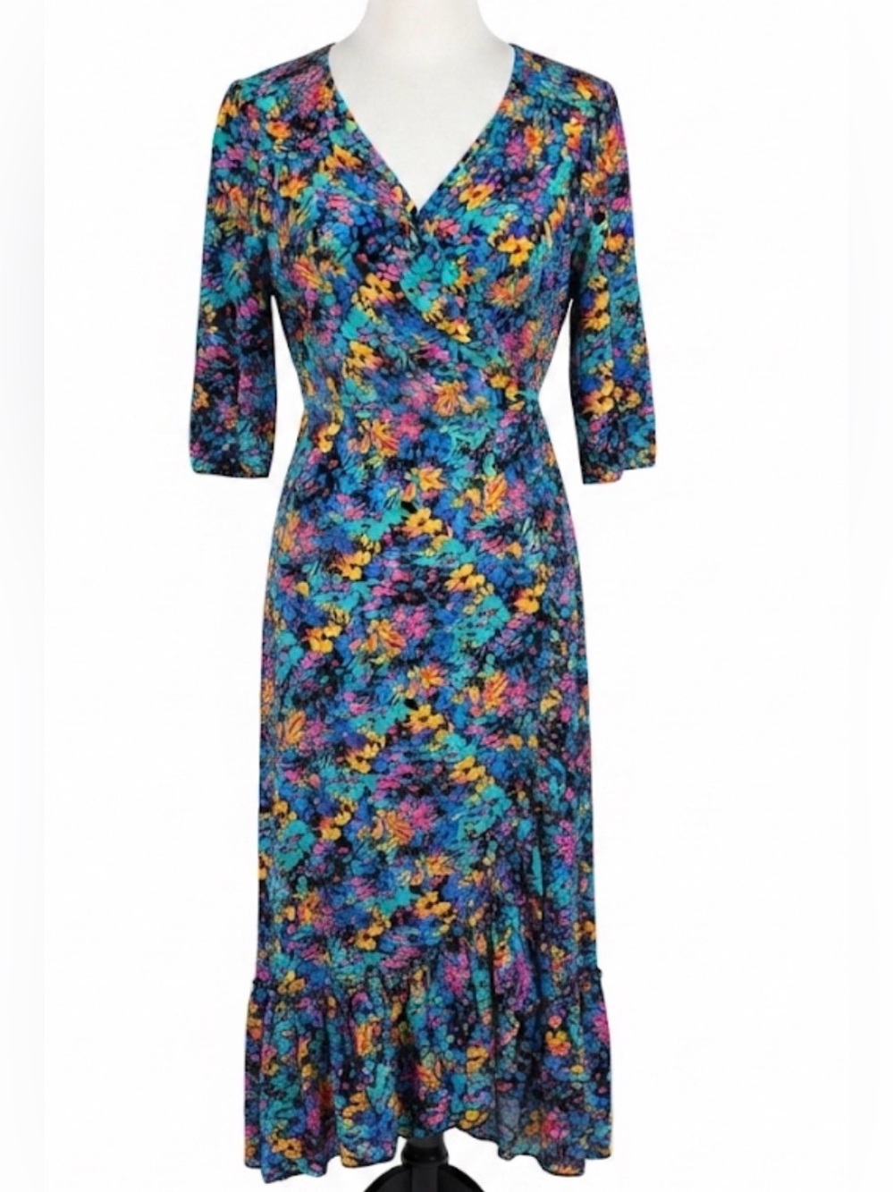 Silk & Salt Womens XL Blue Floral V-Neck Faux Wrap Ruffle Hem Midi Dress Viscose